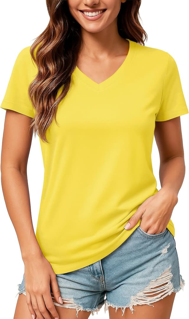 Thumbnail 6 de TACVASEN Camiseta de algodón para mujer con cuello pico en V (rosa claro), manga corta y corte regular