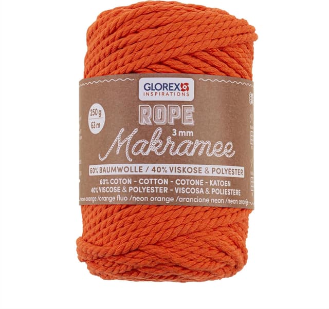 Detalle de GLOREX 5 1007 35 Makramee Rope 3 mm Neon Orange (60% Baumwolle/40% Viskose), 250 g