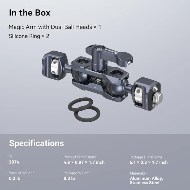 Thumbnail 6 de SMALLRIG Magic Arm 3874 Dual Ball Heads avec vis de positionnement ARRI 1/4”-20 et 3/8”-16 (charge max. 6 kg, 90 g)