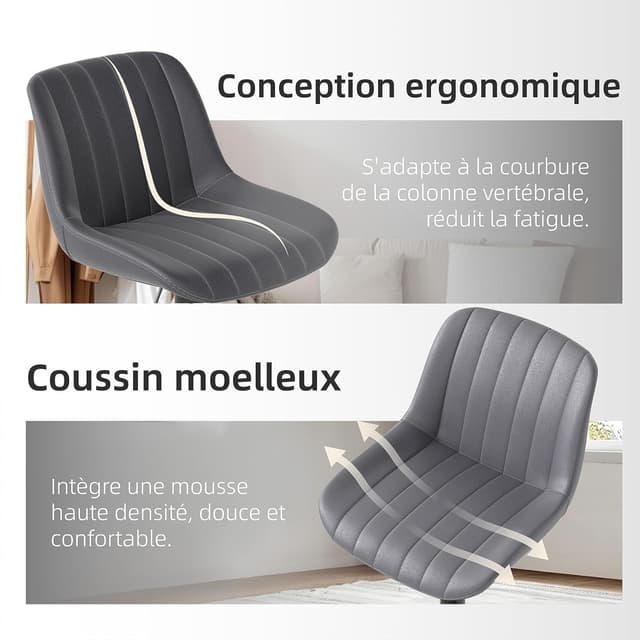 Detalle de Youhauchair Tabouret de bar pivotant réglable avec dossier (lot de 3) en simili PU gris foncé