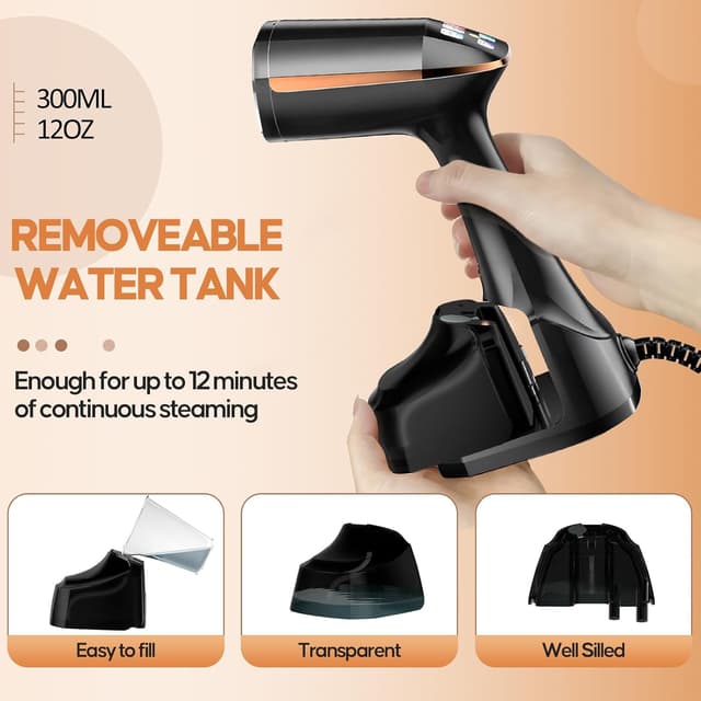Detalle 2 de PKBD Handheld Clothes Steamer (1800W) with Detachable 300ml Tank, LED Screen & 3 Steam Speeds