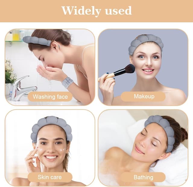 Detalle de Alaoo Fascia Capelli Donna Trucco: set da 4 pezzi per lavare il viso, applicare il trucco e fare la doccia (grigio)