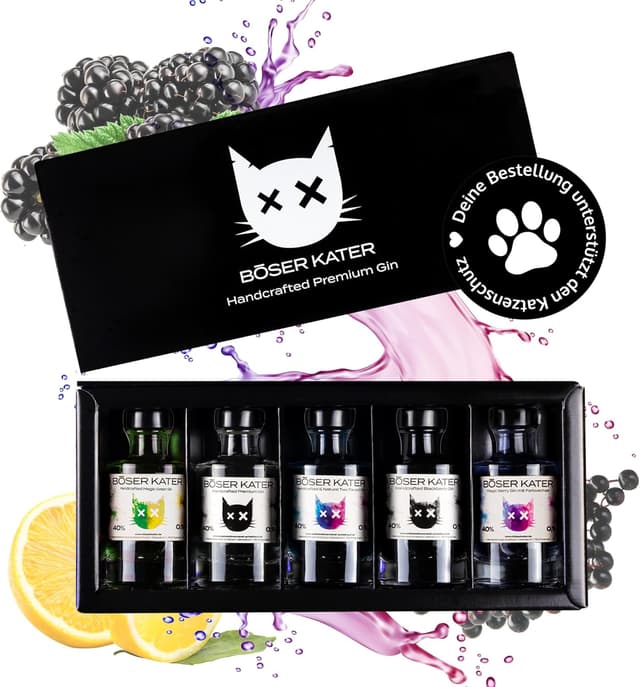 Detalle de BÖSER KATER Farbwechsel Gin Tasting-Set in Geschenkbox (für bis zu 5 Personen) mit 100-ml Miniaturen