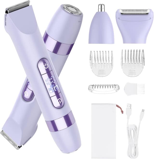 Detalle de Hatteker 4-in-1 Women’s Electric Razor (Dual-Head) for Bikini, Legs, Face, Nose & Eyebrows, IPX7 Waterproof Rechargeable, Purple
