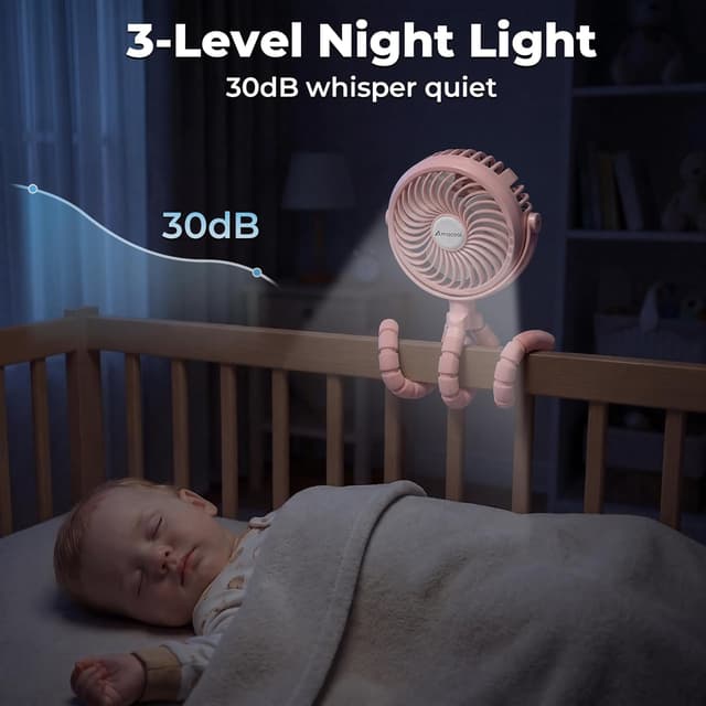 Detalle 2 de Amacool Pram Fan Battery Operated Clip-On Fan with 3 Speeds, Rotatable Head & Flexible Tripod Legs (Pink)