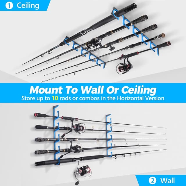 Detalle de PLUSINNO H5 Horizontal Fishing Rod Holders for Garage (Wall/Ceiling Mounted, Up to 5/10/20 Rod Storage)