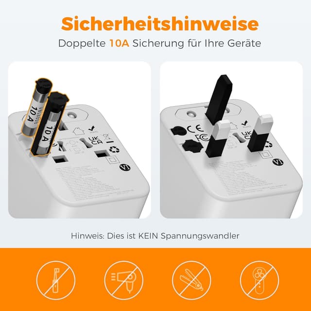 Detalle 2 de TESSAN Weltreiseadapter mit USB‑C GaN 65 W (PD) und 5 USB – universeller Reise-Stecker für USA, UK, Japan, Australien & mehr