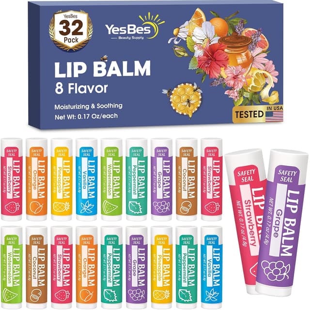 Detalle de YesBes 32-Pack Natural Lip Balm (Vitamin E + Coconut Oil) — 8 Flavors