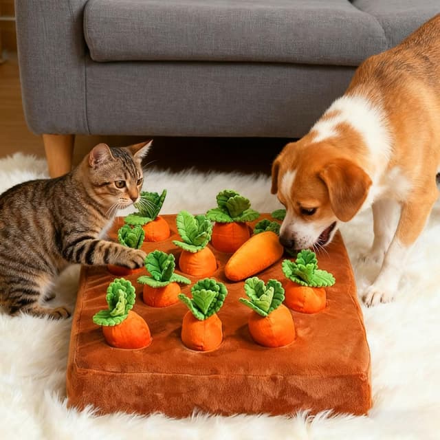 Detalle 2 de Yeqqzq Carrot Dog Toys 2-in-1 Snuffle Mat & Plush Puzzle with 12 Squeakable Carrots
