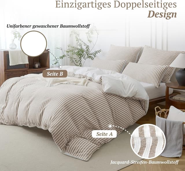 Detalle de SOULFUL Bettwäsche-Set 155x220 aus Baumwolle, gestreift & Jacquard, braun (mit Reißverschluss, OEKO-TEX 100)