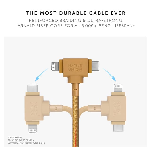 Detalle de Native Union Belt Cable Duo 1.5m/5ft ultra-strong braided 2-in-1 MFi charging cable (Lightning & Type-C) – Kraft