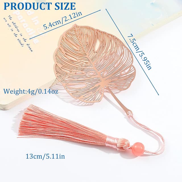 Detalle de YBhuoo Elegant Metal Bookmark with Tassel & Gift Box (Rose Gold Monstera)