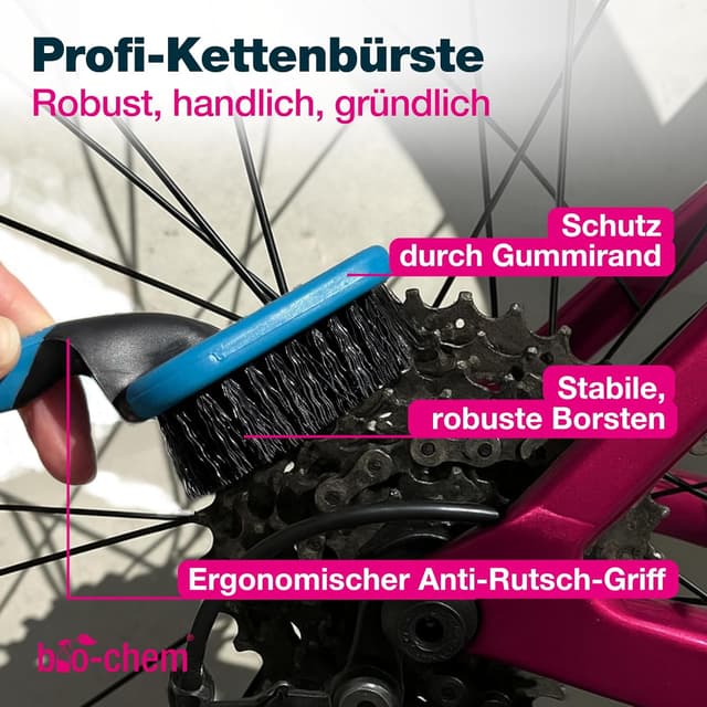 Detalle 2 de bio-chem Fahrrad-Reinigungsset PREMIUM (7-teilig) mit Fahrradreiniger, Kettenreiniger, Kettenöl, Schaumsprüher & Bürsten