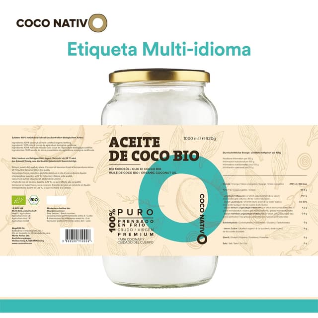 Detalle 2 de Bio Kokosöl CocoNativo, nativ kaltgepresst (3x1000 ml, 3 L) – für Küche, Haut & Haare