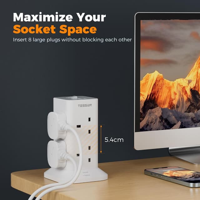 Thumbnail 5 de TESSAN 8‑way Tower Extension Lead with USB‑C ports 🔌