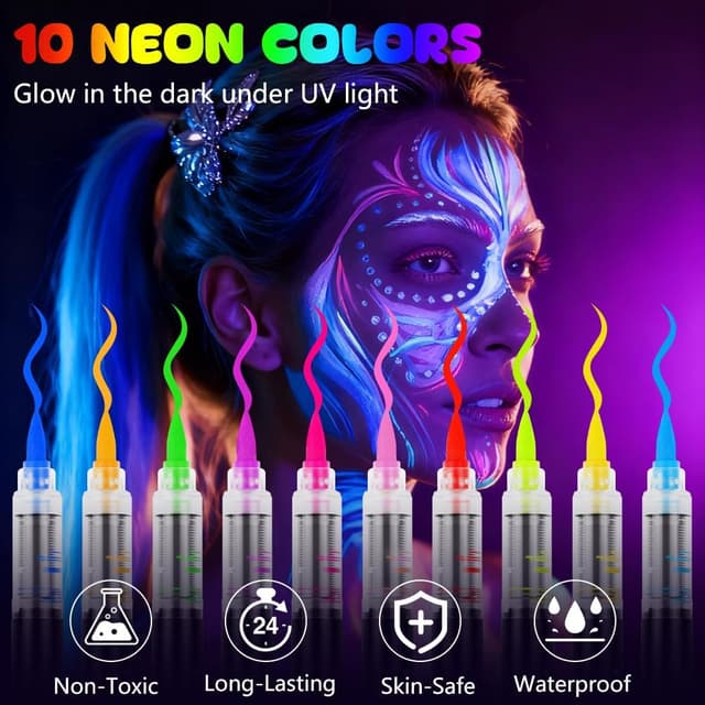 Detalle de Alaoo Penne Glitter Neon UV per Tatuaggi Temporanei Bambini (10 pezzi) con 4 stencil