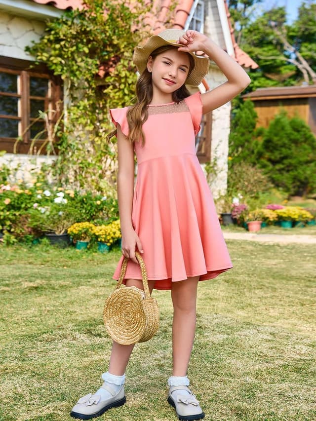 Detalle de Haloumoning Girls Summer Dress with Ruffle Sleeves, Mesh Detail, and Pockets (A-Line, Ages 4–14)