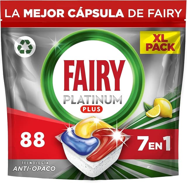 Detalle de Fairy Platinum Plus Limón 88 cápsulas lavavajillas 🍽