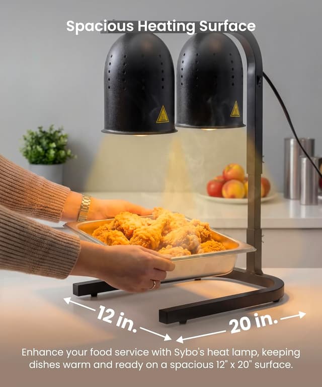 Detalle de SYBO DL2112 Commercial Grade Food Heat Lamp (2-Bulb, 500W) with Adjustable Stand, Black