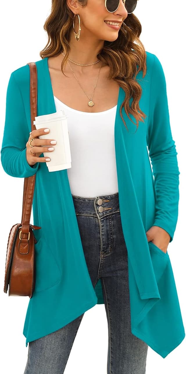 Thumbnail 5 de Wiwclo Veryoung Damen-Cardigan mit kurzen Ärmeln, offen vorne und Taschen – leichter Sommer-Cardigan mit High-Low-Saum