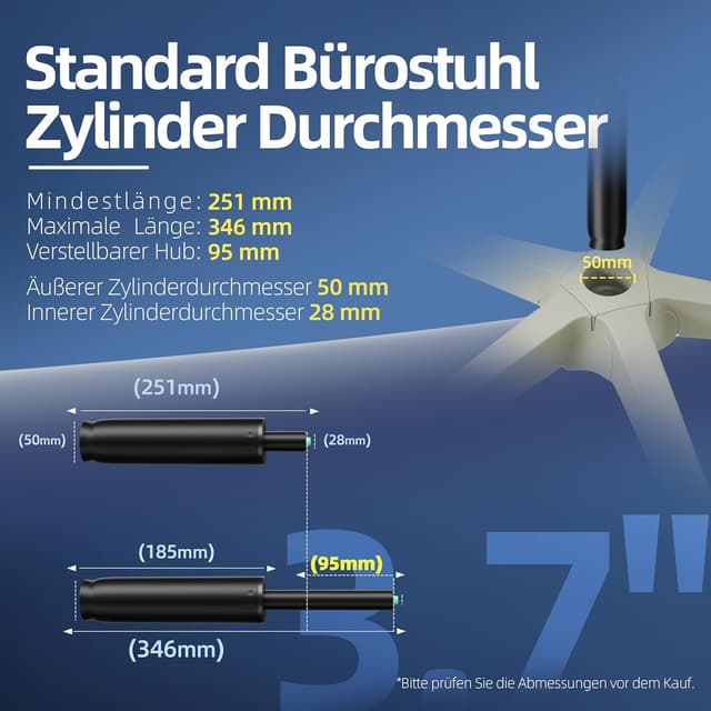Detalle 2 de Mastery Mart Gasdruckfeder für Bürostühle: 251–346 mm, Klasse 4 (bis 450 kg) – Ersatzteil