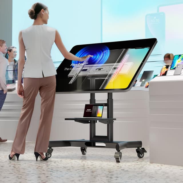 Detalle de ONKRON TS1350-B mobiler TV-Ständer mit Rollen für 32–70 Zoll, höhenverstellbar & neigbar (VESA bis 600×400)