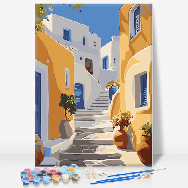 Detalle de Paint by Numbers for Adults with Frame – Santorini Easy Framed Kit (8 x 12 Inch)