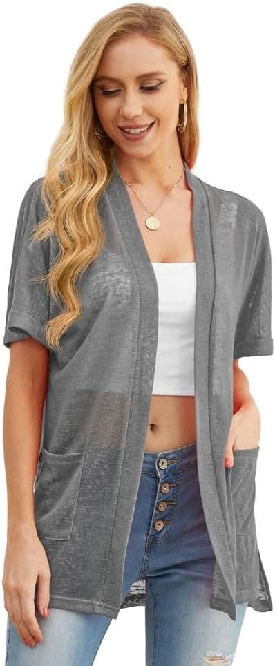 Detalle de PrinStory Women’s Lightweight Cardigan Long Sleeve – Open Front V-Neck with Pockets (Polyester/Spandex)