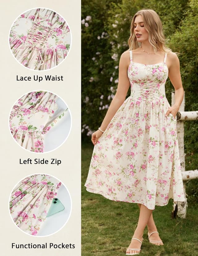 Detalle 2 de SCARLET DARKNESS Robe d’été femme à motif floral, bretelles spaghetti et style corset