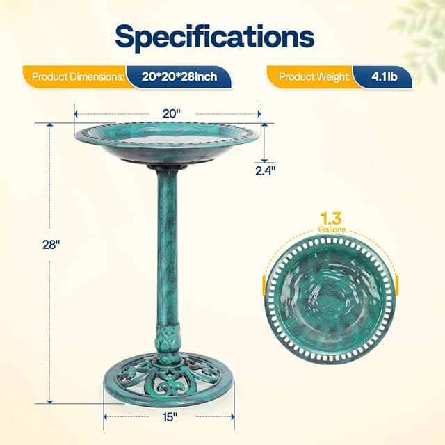 Thumbnail 6 de VIVOHOME Garden Birdbath (71x50x50cm) in green with polyresin effect & 3 ground stakes