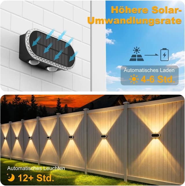Detalle de Hiromeco Solarlampen für Außen Wand 4er-Set – Solar-Wandleuchten mit doppeltem Up&Down-Licht