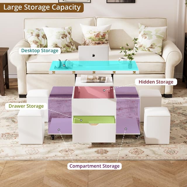 Detalle de VOWNER Table Basse Relevable 3 en 1 avec tiroir et 4 tabourets (blanc) — transformable en table à manger