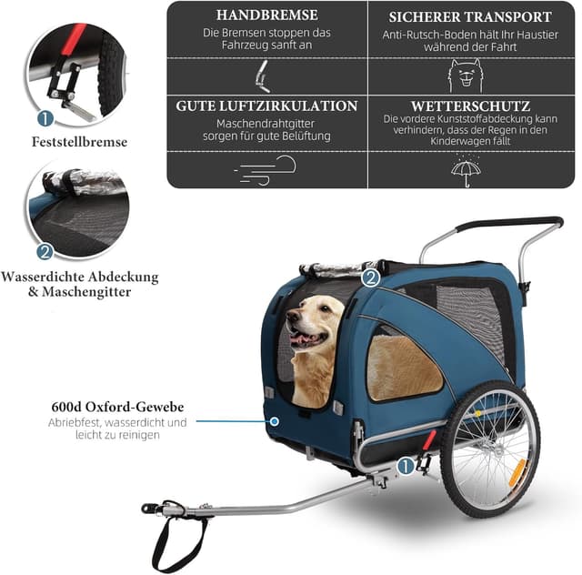 Detalle de Fiximaster XL 2-in-1 Hundeanhänger fürs Fahrrad & Joggen bis 40 kg (mit Handbremse)