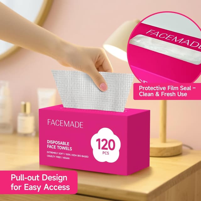 Detalle de FACEMADE 120 Count Disposable Face Towels (100% Biobased Face Towelettes)
