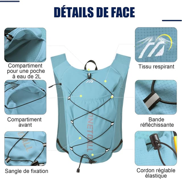 Detalle de ONETOALL Gilet d’hydratation running (femme) avec flasque 500 ml et poche à eau 2 L, 150 g
