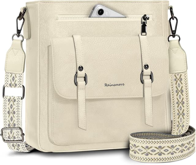 Detalle de RAINSMORE Umhängetasche Damen (mittelgroß) Aprikose – Crossbody-Handtasche mit breitem Schultergurt