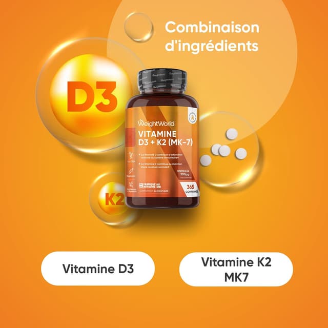 Detalle de WeightWorld Vitamine D3 K2 MK7 (MK-7) – 365 micro-comprimés végétariens, 2000 UI D3 et 200 µg K2