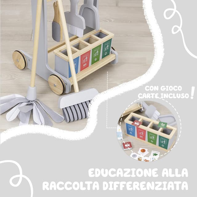 Thumbnail 6 de Baroni Toys Carrello Pulizia in Legno Montessori con 8 Pezzi, trainabile, con accessori per la raccolta differenziata