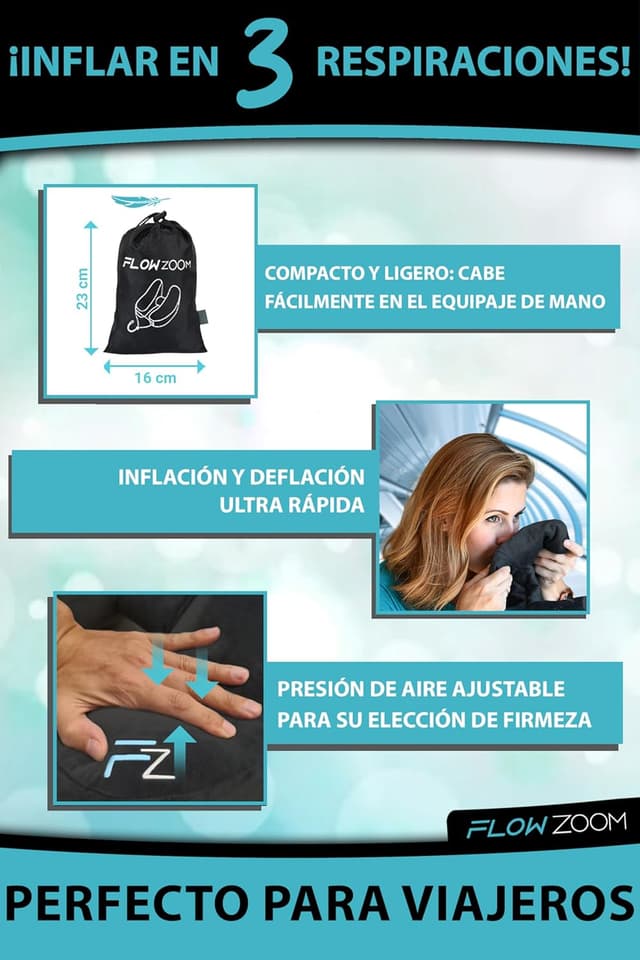 Detalle 2 de FLOWZOOM Almohada de Viaje Hinchable 💤 Talla L con Capucha Negra