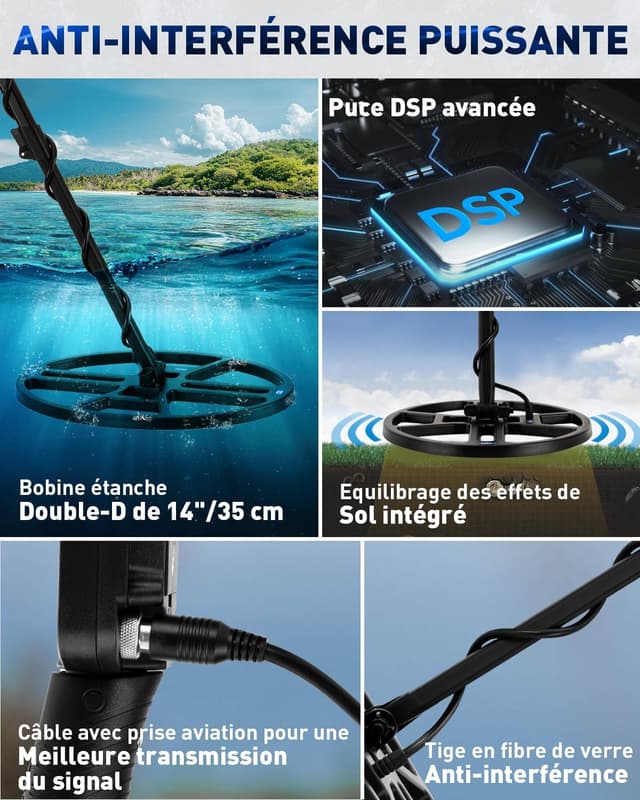 Detalle de Hazlewolke Détecteur de métaux professionnel – bobine DD étanche 14'' et mode localisation, profondeur jusqu’à 33 cm, 4 modes