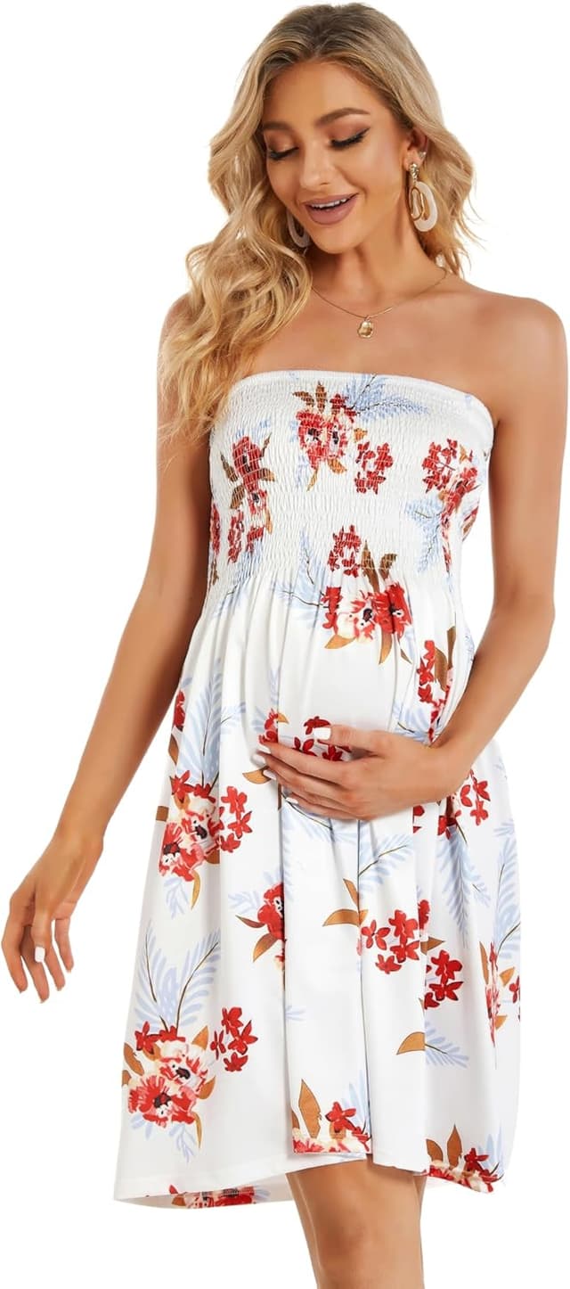 Detalle 2 de Gosunny Damen Sommerkleid schulterfrei ärmellos (Bandeau) – Strand- & Freizeitkleid mit floralem Hawaii-Print