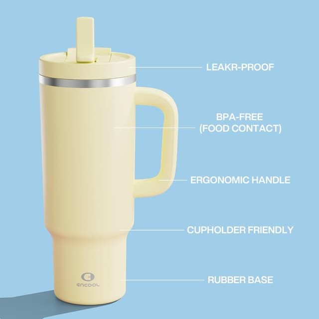 Detalle de ENCOOL 40 oz Tumbler with Handle and Straw (Stainless Steel Insulated, Leakproof) — Light Vanilla
