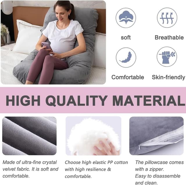 Detalle de TaiBest U-förmiges Ganzkörperschwangerschaftskissen aus Baumwolle (grau) – für bequemeren Schlaf in der Schwangerschaft