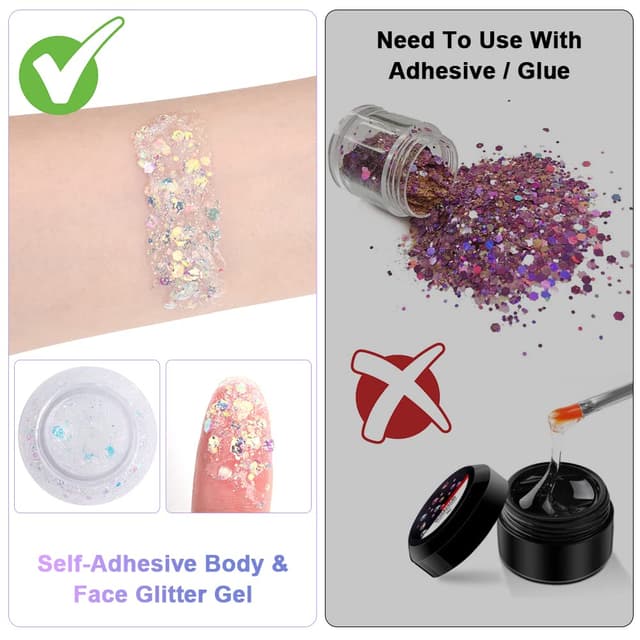 Detalle 2 de URAQT Body Glitter Gel – Chunky Glitzer-Gel für Gesicht, Haare, Lippen, Nägel (weiß)