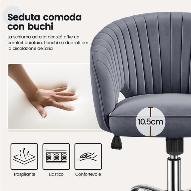 Thumbnail 4 de Yaheetech Poltrona Ufficio Ergonomica Velluto Grigio