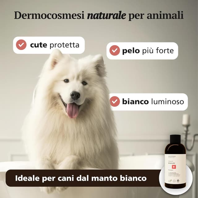 Detalle de Natural Derma Pet Shampoo per Cani Pelo Bianco 200 ml (100% vegan) per manti chiari e delicati