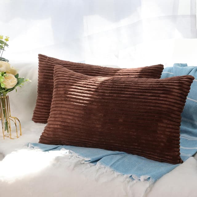 Detalle de CALIYO Housse de coussin velours côtelé marron 30x50 cm, rayures et fermeture invisible