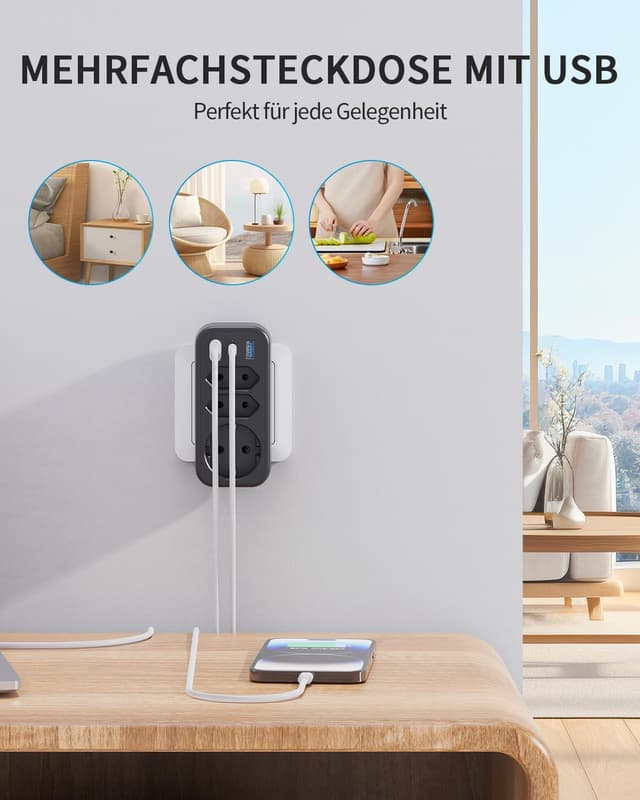 Detalle de 6-in-1 Mehrfachstecker mit PD 20W USB‑C – STGAROT Steckdosenadapter für 3 Euro- & Schuko-Anschlüsse