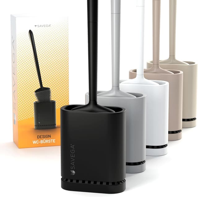 Detalle de SAVEGA Silikon-Klobürste mit flachem, flexiblem Kopf und klebbarer Wandhalterung (schwarz matt) – 1er Set