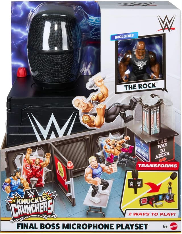 Detalle de Coffret Microphone Boss Final Knuckle Crunchers JFX07 avec figurine articulée The Rock (8 cm) et accessoires WWE